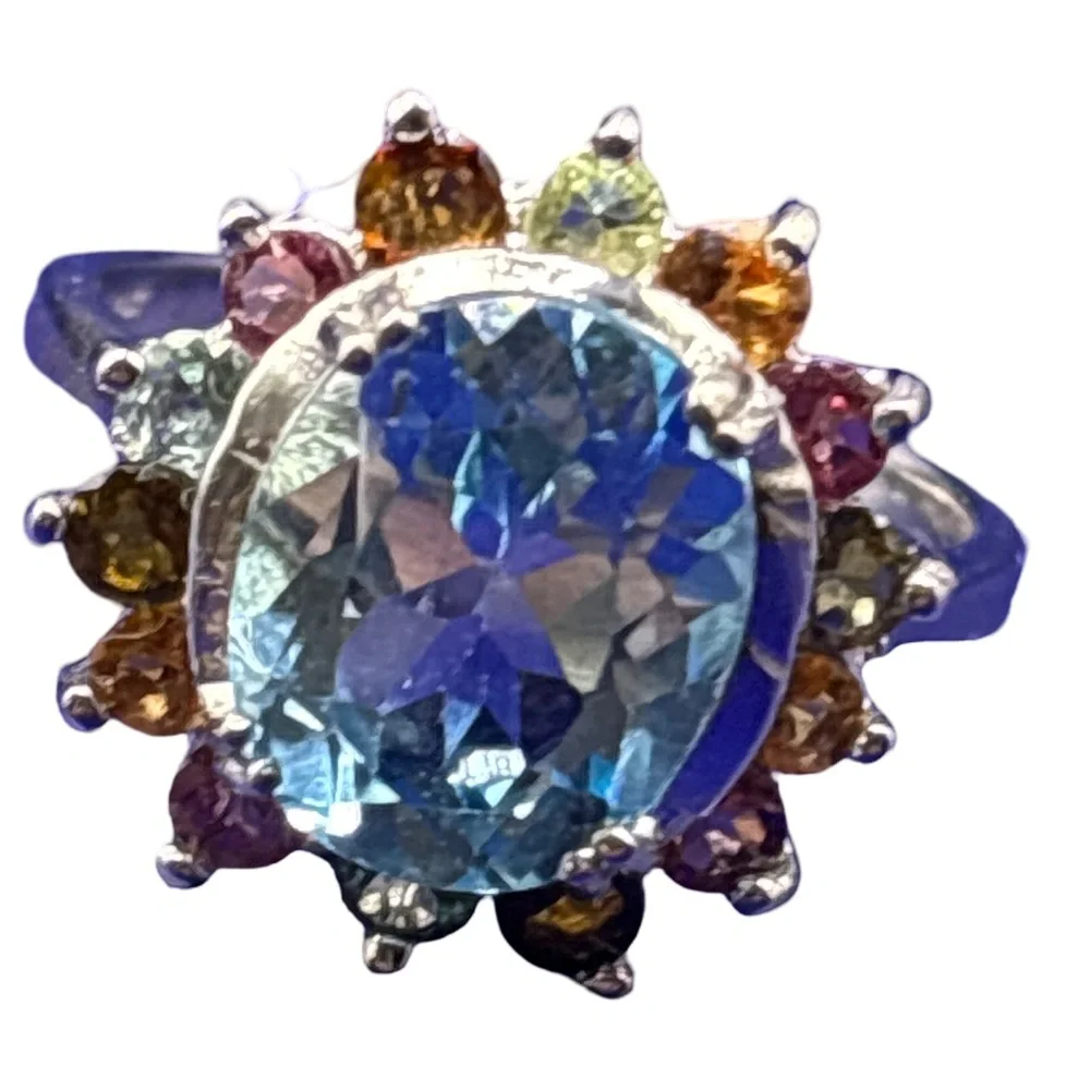 Elegant Blue and Multicolor Gemstone Ring 925 sterling silver Size 9